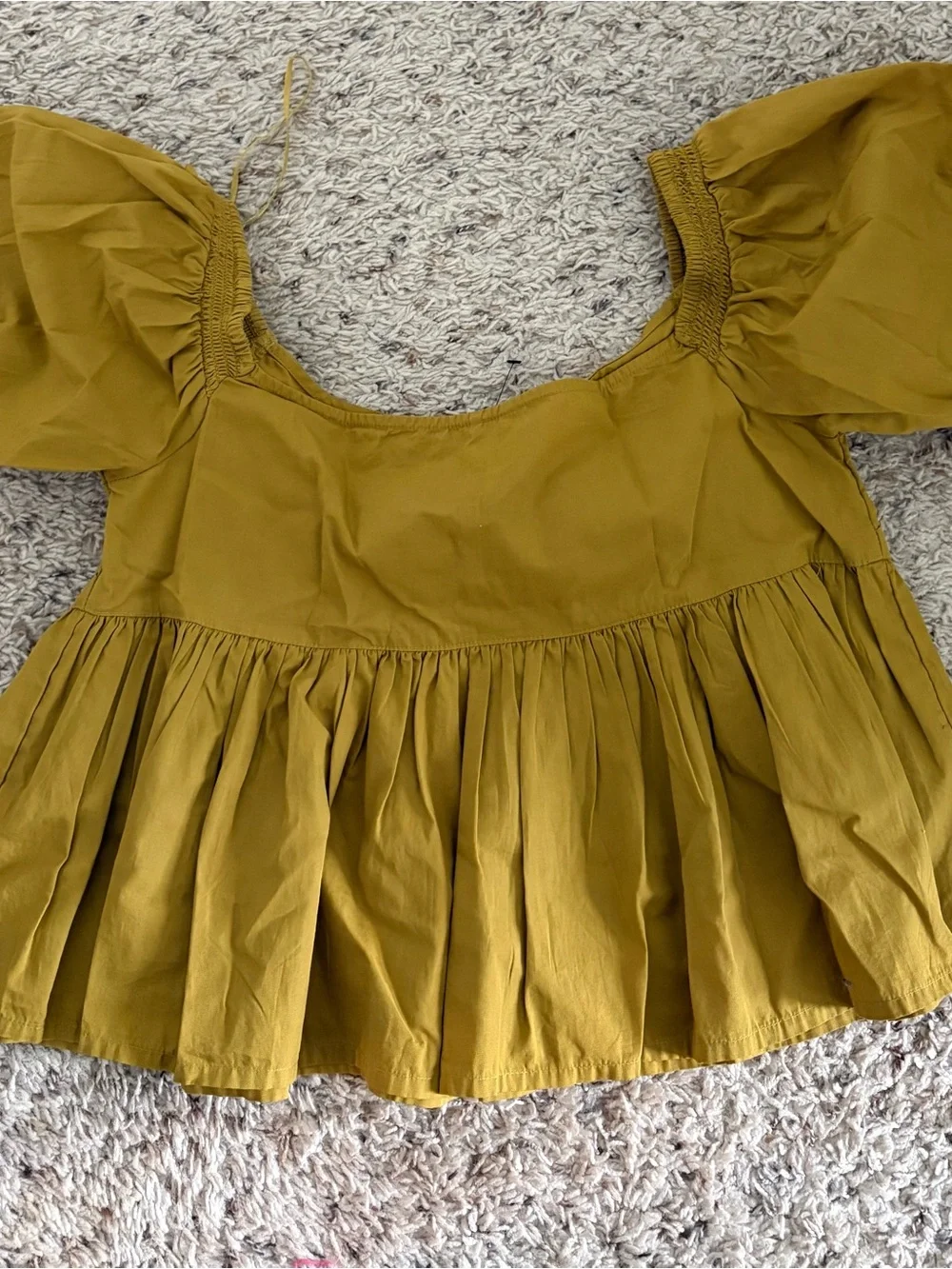 Free People XS Mustard Puff Sleeve Babydoll Peplum Top, Cottagecore Boho